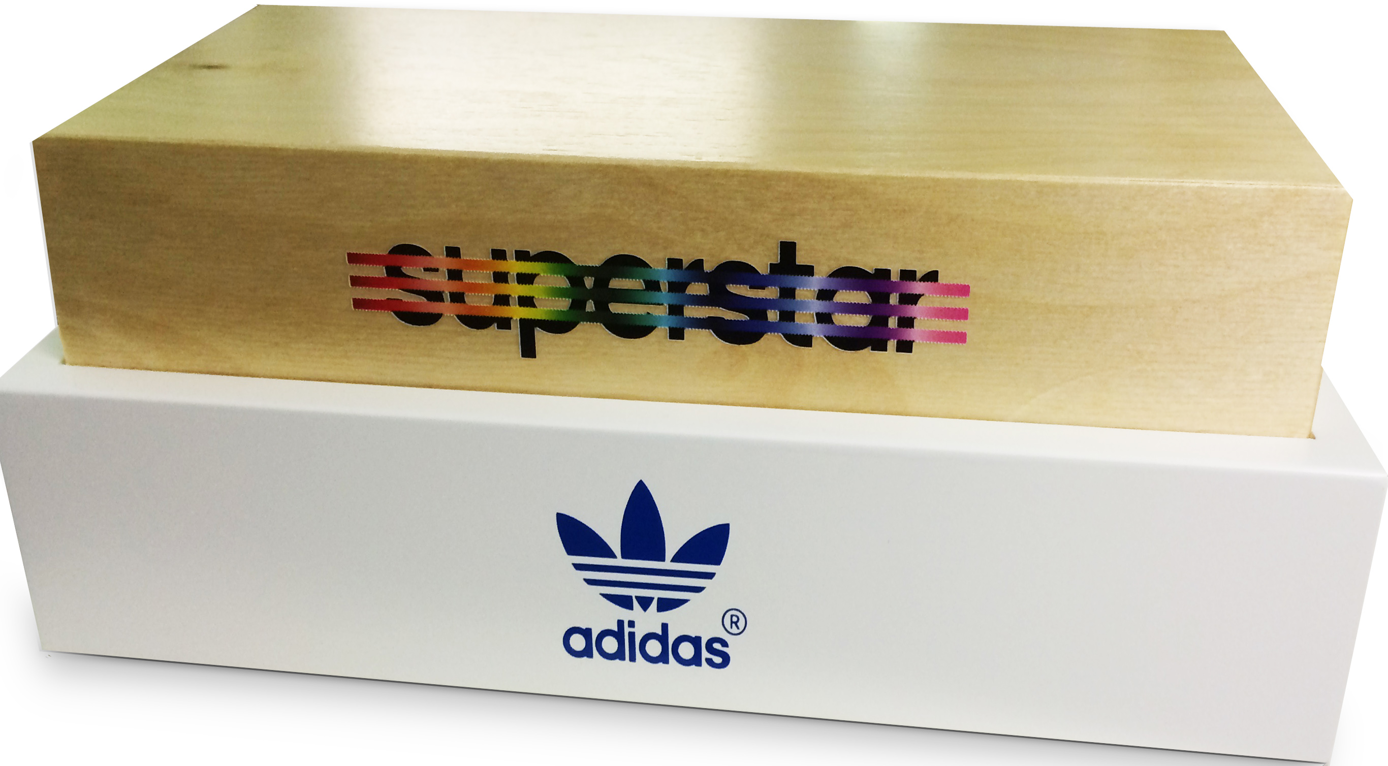 Adidas Superstar shoe riser Wood, screenprint logos and acrylic