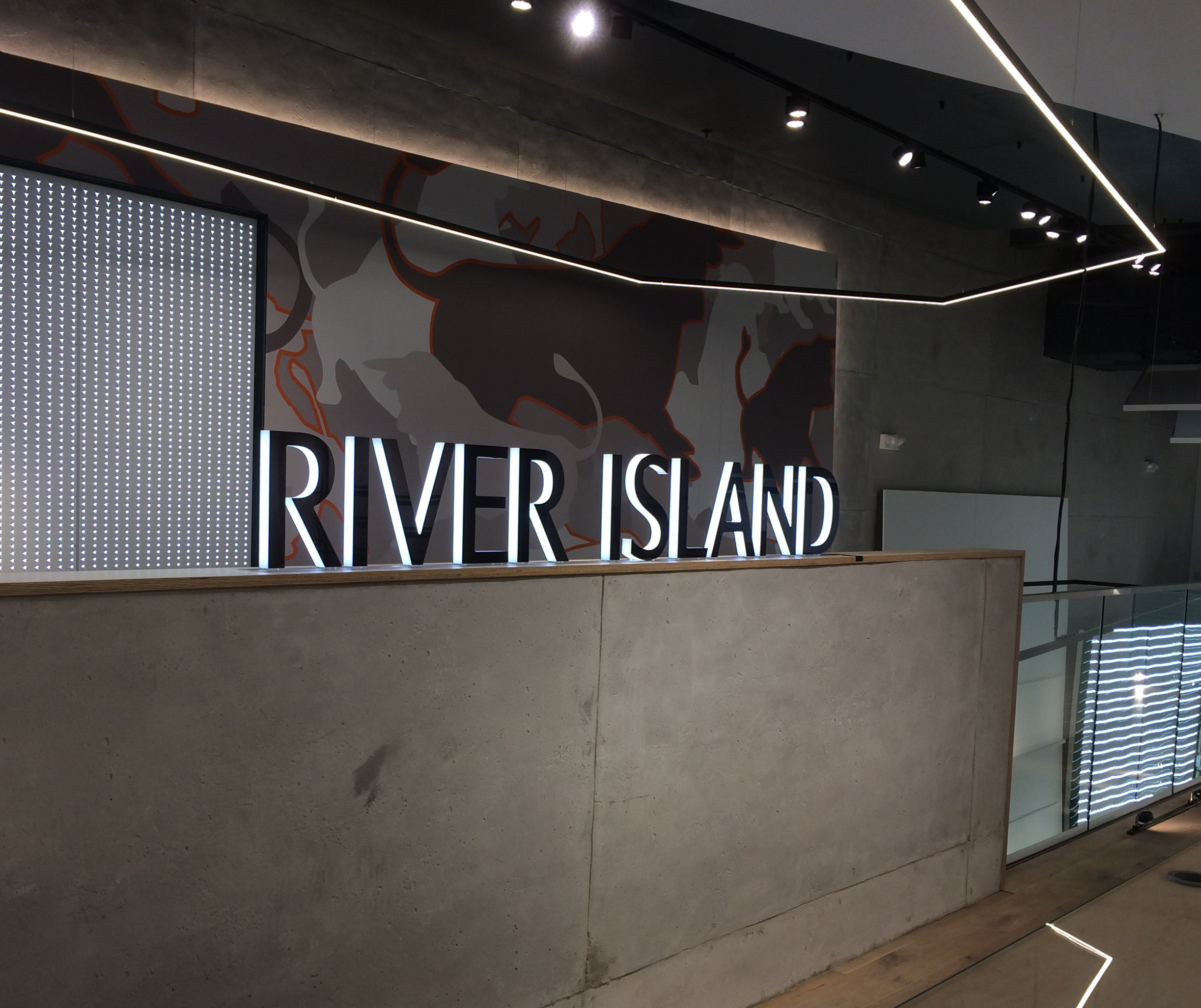 Custom made River Island illuminated LED suspended ceiling graphics